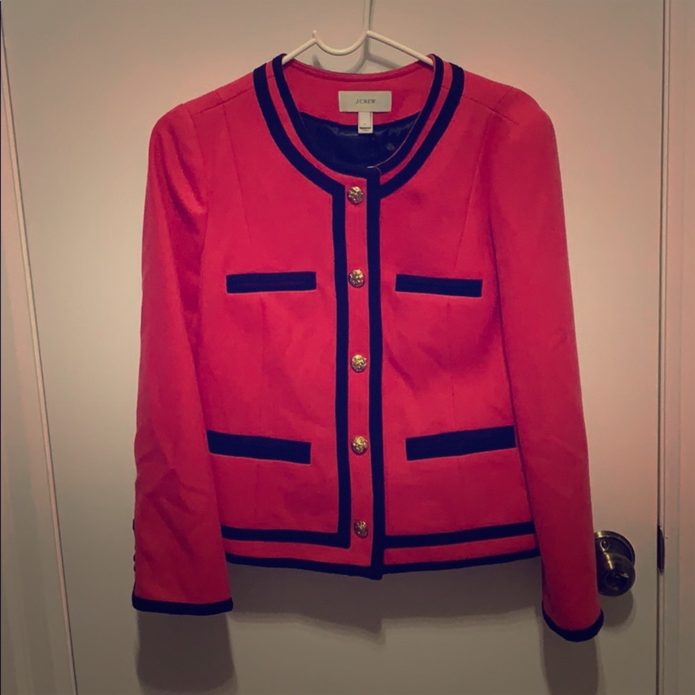 JCrew pink double serge wool blazer w navy piping
